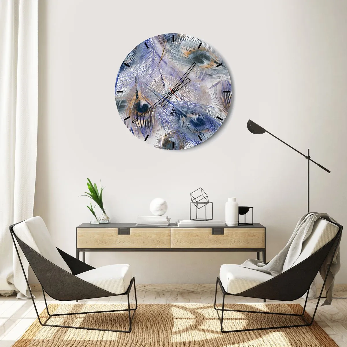 Zegar ścienny - Kompozycja inspirowana pawimi piórami w artystycznym stylu - 30x30cm - Pawiooka kompozycja - Nowoczesna dekoracja ścienna do salonu, kuchni i sypialni ARTTOR