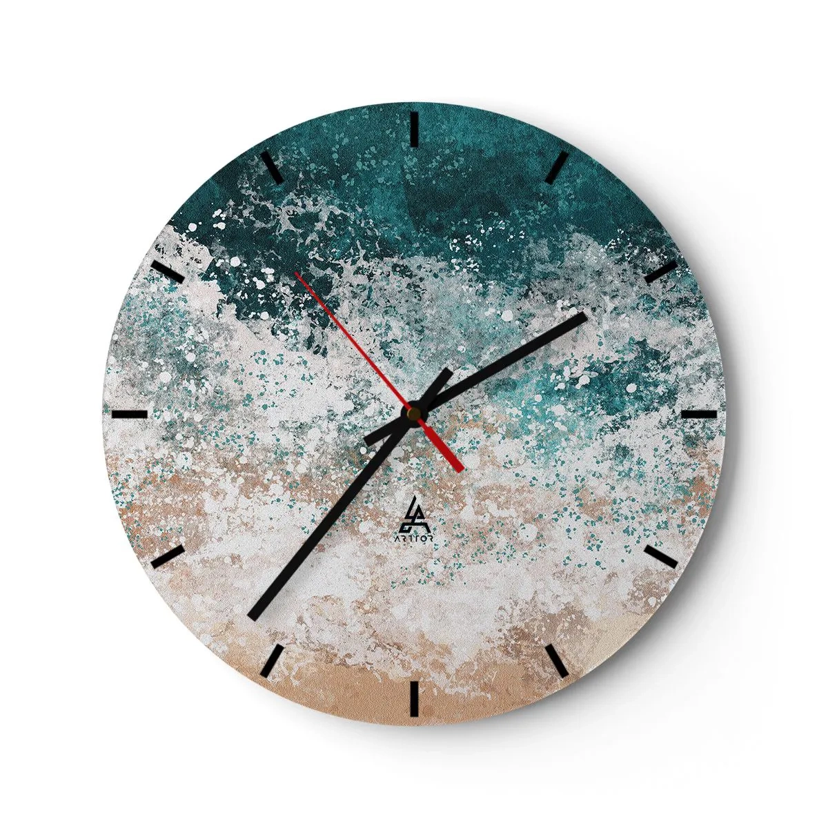 Zegar ścienny - Abstrakcyjna morska fala w odcieniach turkusu i piasku - 30x30cm - Morskie opowieści - Nowoczesna dekoracja ścienna do salonu, kuchni i sypialni ARTTOR