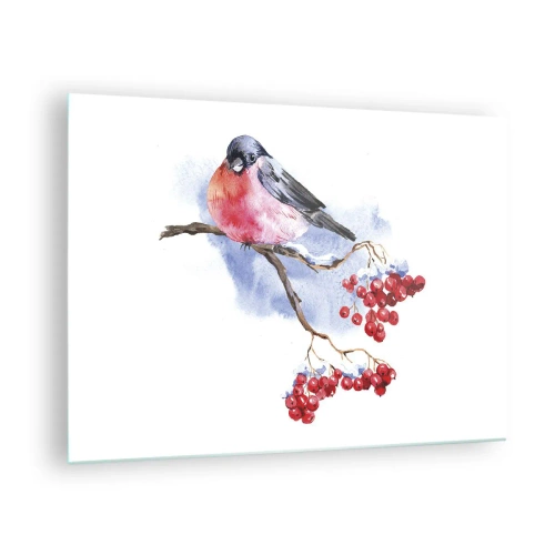 Obraz na szkle - Ptak na gałęzi jarzębiny - 70x50cm - Zima w kolorze - Nowoczesna dekoracja ścienna do salonu i sypialni ARTTOR