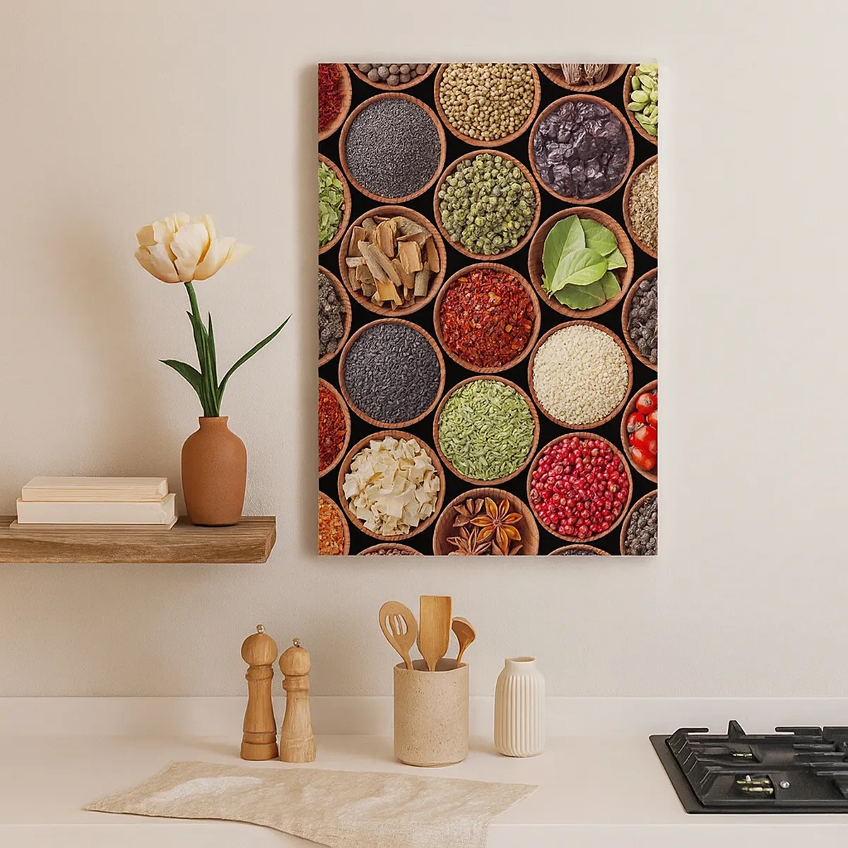 Obraz na płótnie - Kompozycja kolorowych przypraw w miseczkach - 50x70cm - Wszystkie smaki świata - Nowoczesna dekoracja ścienna do salonu, kuchni i sypialni ARTTOR