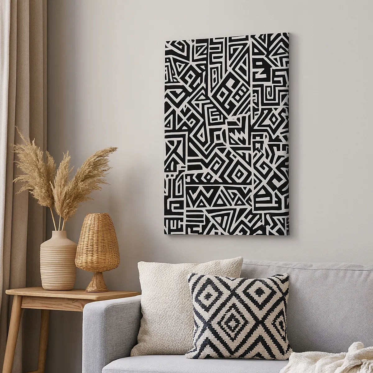 Obraz na płótnie - Czarno-biały wzór geometryczny inspirowany motywami prekolumbijskimi - 50x70cm - Kompozycja prekolumbijska - Nowoczesna dekoracja ścienna do salonu, kuchni i sypialni ARTTOR