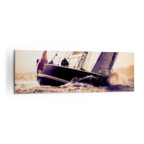 Obraz na płótnie - Jacht na wzburzonym morzu w świetle zachodzącego słońca - 160x50cm - Żeglujże, żeglarzu - Nowoczesna dekoracja ścienna do salonu i sypialni ARTTOR