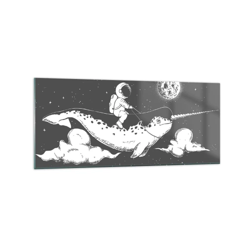 Obraz na szkle - Astronauta na grzbiecie narwala unoszącego się w kosmicznej scenerii - 120x50cm - Kosmiczny jeździec - Nowoczesna dekoracja ścienna do salonu i sypialni ARTTOR