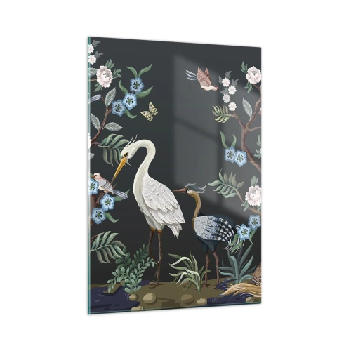 Obraz na szkle - Kolorowe ptaki wśród kwitnących gałęzi na ciemnym tle - 50x70cm - Ptasia parada - Nowoczesna dekoracja ścienna do salonu, kuchni i sypialni ARTTOR