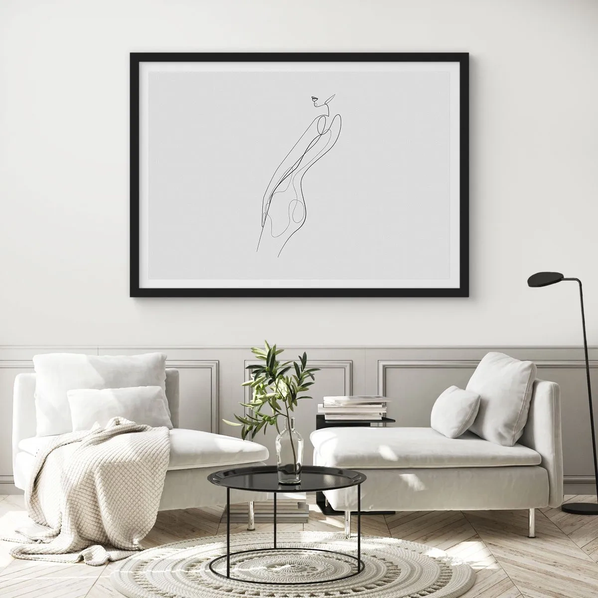 Plakat w czarnej ramie - Minimalistyczna linia ukazująca sylwetkę na jasnym tle - 100x70cm - Zaledwie obietnica - Nowoczesna dekoracja ścienna do salonu i sypialni ARTTOR