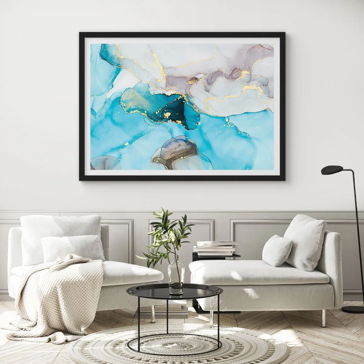 Plakat w czarnej ramie - Studium spotkania szarości z turkusem - 50x40 cm