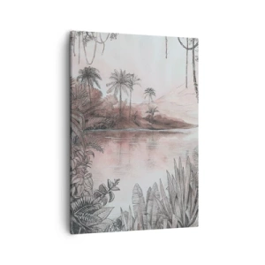 Obraz na płótnie - Rysunkowy pejzaż tropikalny w stylu vintage z palmami i wodą - 50x70cm - XIX-wieczny pamiętnik odkrywcy - Nowoczesna dekoracja ścienna do salonu, kuchni i sypialni ARTTOR