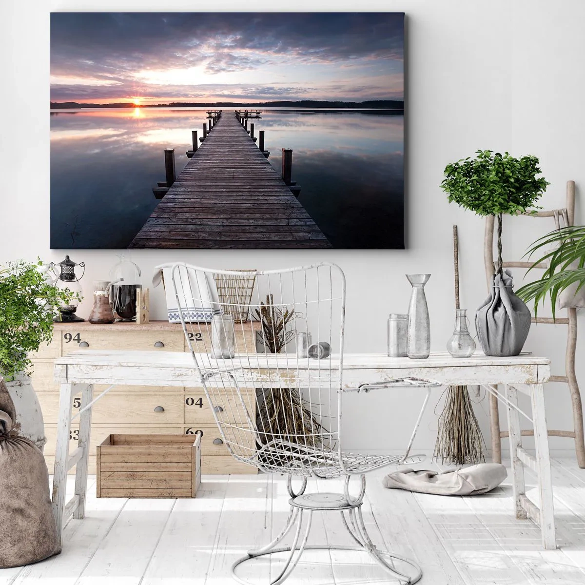 Obraz na płótnie - Pomost na jeziorze o zachodzie słońca w spokojnym krajobrazie - 70x50cm - Cicha granica dnia i nocy - Nowoczesna dekoracja ścienna do salonu i sypialni ARTTOR