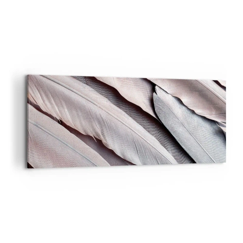 Obraz na płótnie - Delikatne pióra w subtelnych odcieniach szarości i beżu - 120x50cm - W różowej srebrzystości - Nowoczesna dekoracja ścienna do salonu i sypialni ARTTOR