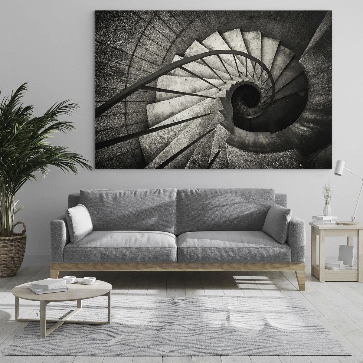 Obraz na szkle - Czarno-białe spiralne schody z perspektywy lotu ptaka - 100x70cm - Schodami w górę, schodami w dół - Nowoczesna dekoracja ścienna do salonu, kuchni i sypialni ARTTOR