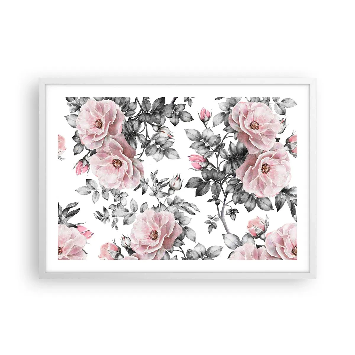 Plakat w białej ramie - Zagubić się w kwiatach róż - 70x50 cm