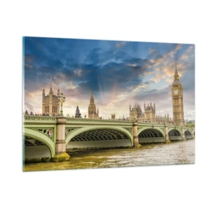 Obraz na szkle - Big Ben i Westminster Bridge o zachodzie słońca - 120x80cm - Czas stanął w Imperium - Nowoczesna dekoracja ścienna do salonu, kuchni i sypialni ARTTOR