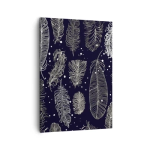 Obraz na płótnie - Białe pióra na granatowym tle w stylu boho - 50x70cm - Pierzasta koronka - Nowoczesna dekoracja ścienna do salonu, kuchni i sypialni ARTTOR