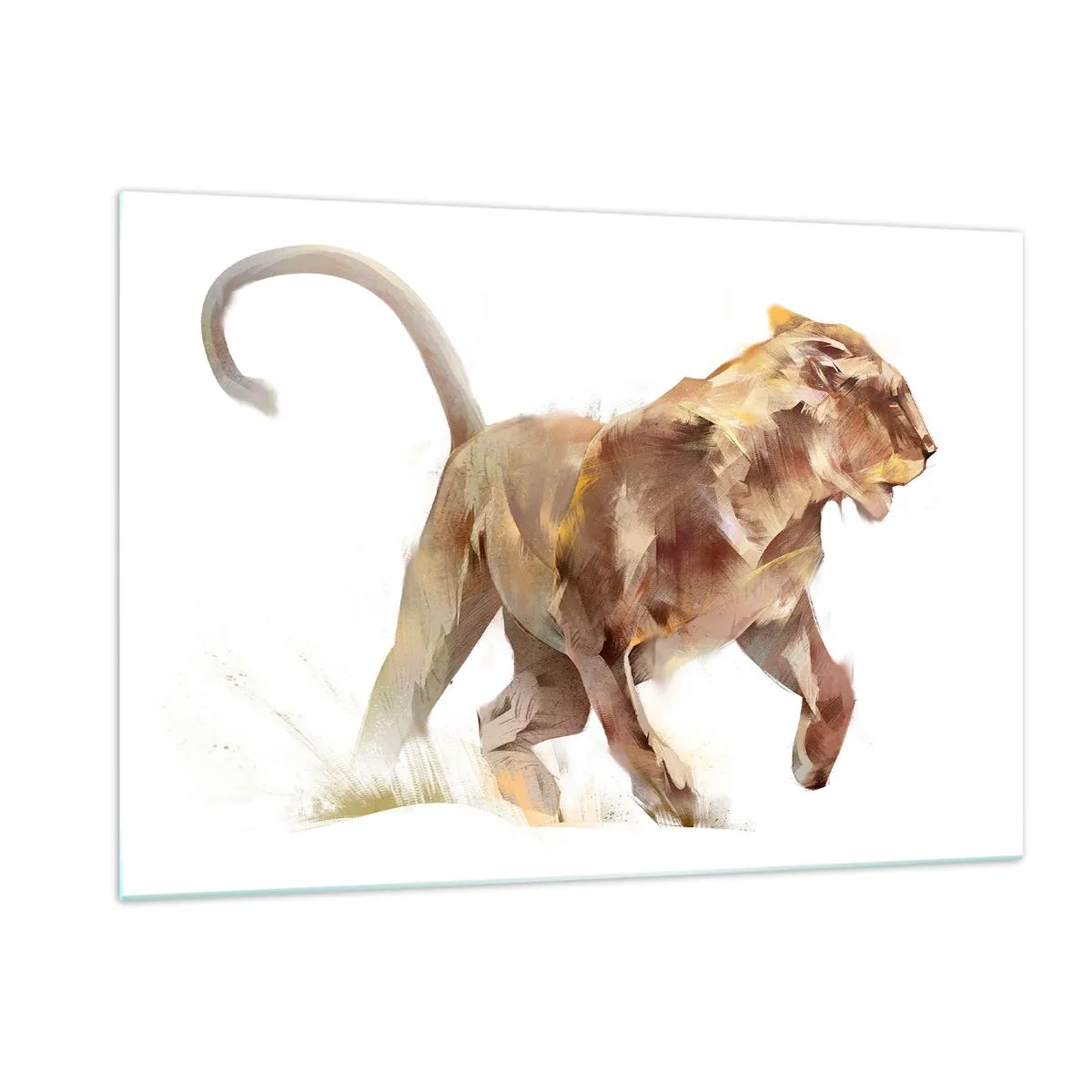Obraz na szkle - Dynamiczna sylwetka lwa w artystycznym stylu na białym tle - 120x80cm - Dzika gracja - Nowoczesna dekoracja ścienna do salonu, kuchni i sypialni ARTTOR