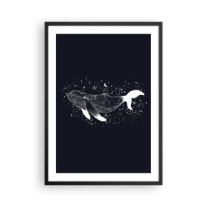 Plakat w czarnej ramie - Kosmiczny wieloryb w stylu graficznym na czarnym tle - 50x70cm - W oceanie wszechświata - Nowoczesna dekoracja ścienna do salonu i sypialni ARTTOR