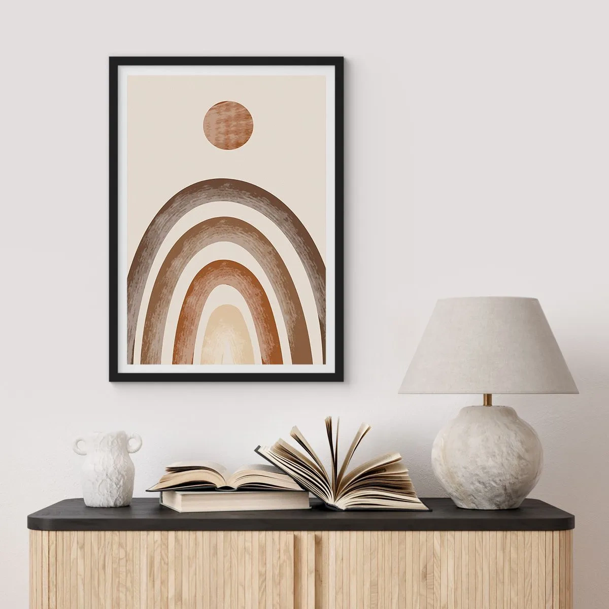 Plakat w czarnej ramie - Abstrakcyjny motyw łuków i słońca w odcieniach ziemi - 50x70cm - W odległej galaktyce - Nowoczesna dekoracja ścienna do salonu i sypialni ARTTOR