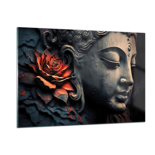Obraz na szkle - Profil medytującej postaci z czerwonym kwiatem na ciemnym tle - 120x80cm - W zgodzie ze światem - Nowoczesna dekoracja ścienna do salonu, kuchni i sypialni ARTTOR