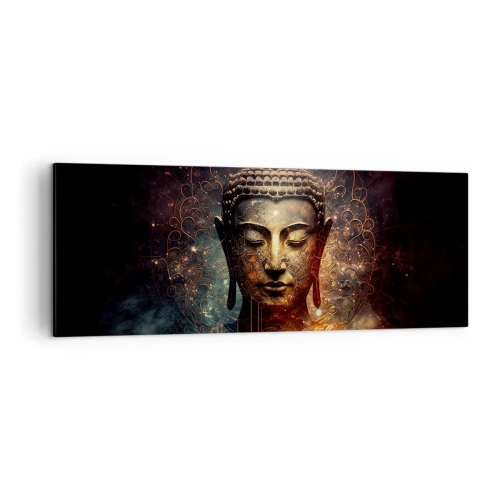 Obraz na płótnie - Złoty Budda na ciemnym tle z ornamentami - 140x50cm - Duchowa równowaga - Nowoczesna dekoracja ścienna do salonu i sypialni ARTTOR