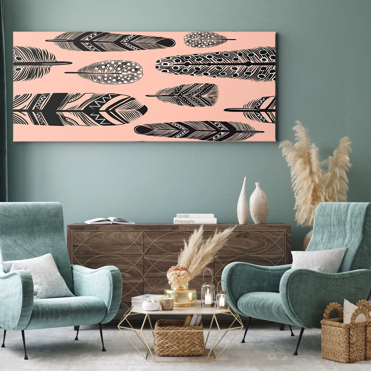 Obraz na płótnie - Dekoracyjne pióra na jasnym tle - 160x50cm - Indiańska kolekcja - Nowoczesna dekoracja ścienna do salonu i sypialni ARTTOR