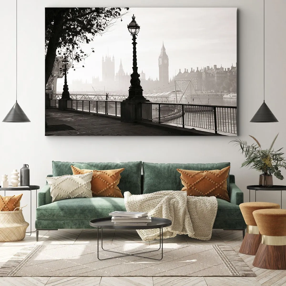 Obraz na płótnie - Monochromatyczny widok na Big Ben i Tamizę - 100x70cm - Londyński poranek - Nowoczesna dekoracja ścienna do salonu, kuchni i sypialni ARTTOR