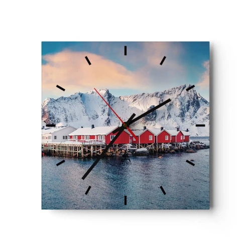 Zegar ścienny - Czerwone domki na tle śnieżnych gór i błękitnego morza - 30x30cm - Północne ustronie - Nowoczesna dekoracja ścienna do salonu i sypialni ARTTOR