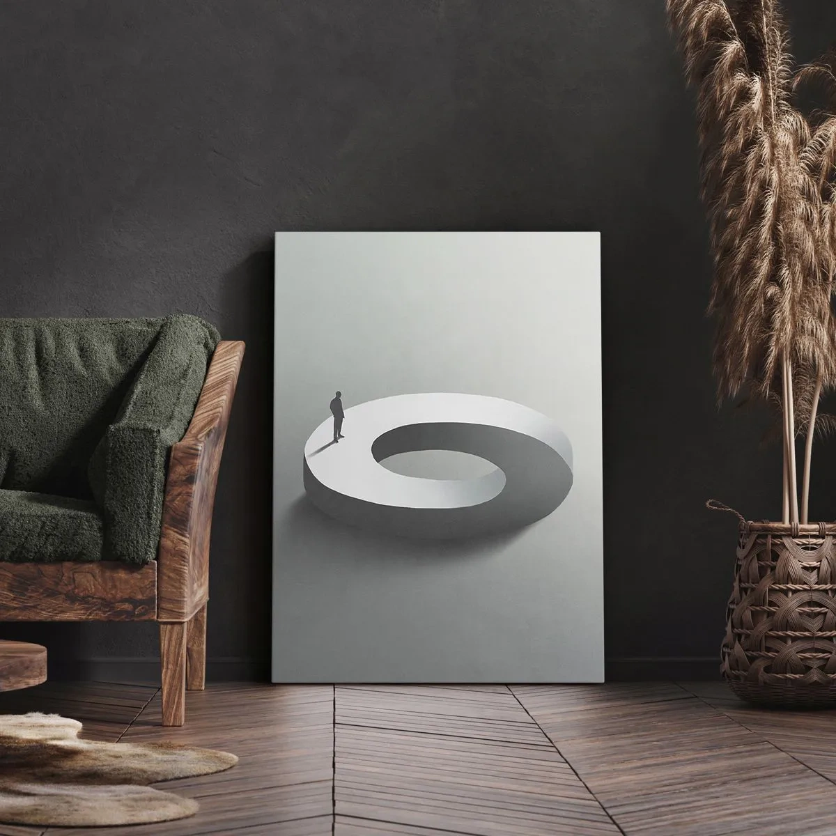 Obraz na płótnie - Człowiek na szarej, abstrakcyjnej konstrukcji - 70x100cm - I bądź tu mądry - Nowoczesna dekoracja ścienna do salonu i sypialni ARTTOR