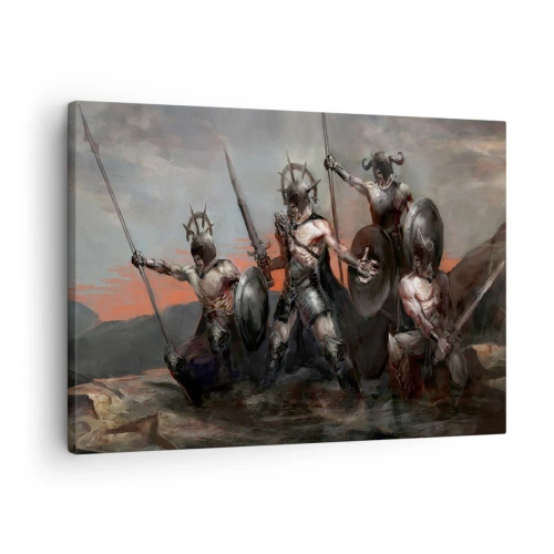 Obraz na płótnie - Grupa wojowników w zbrojach z włóczniami na tle zachodu słońca - 70x50cm - Z tarczą lub na tarczy - Nowoczesna dekoracja ścienna do salonu i sypialni ARTTOR