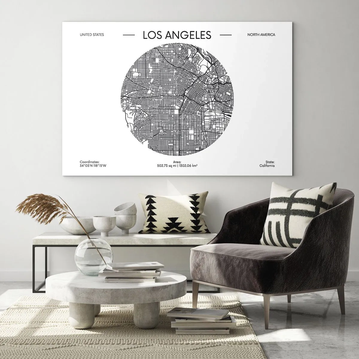 Obraz na szkle - Czarno-biała mapa Los Angeles w stylu minimalistycznym - 70x50cm - Anatomia Los Angeles - Nowoczesna dekoracja ścienna do salonu i sypialni ARTTOR