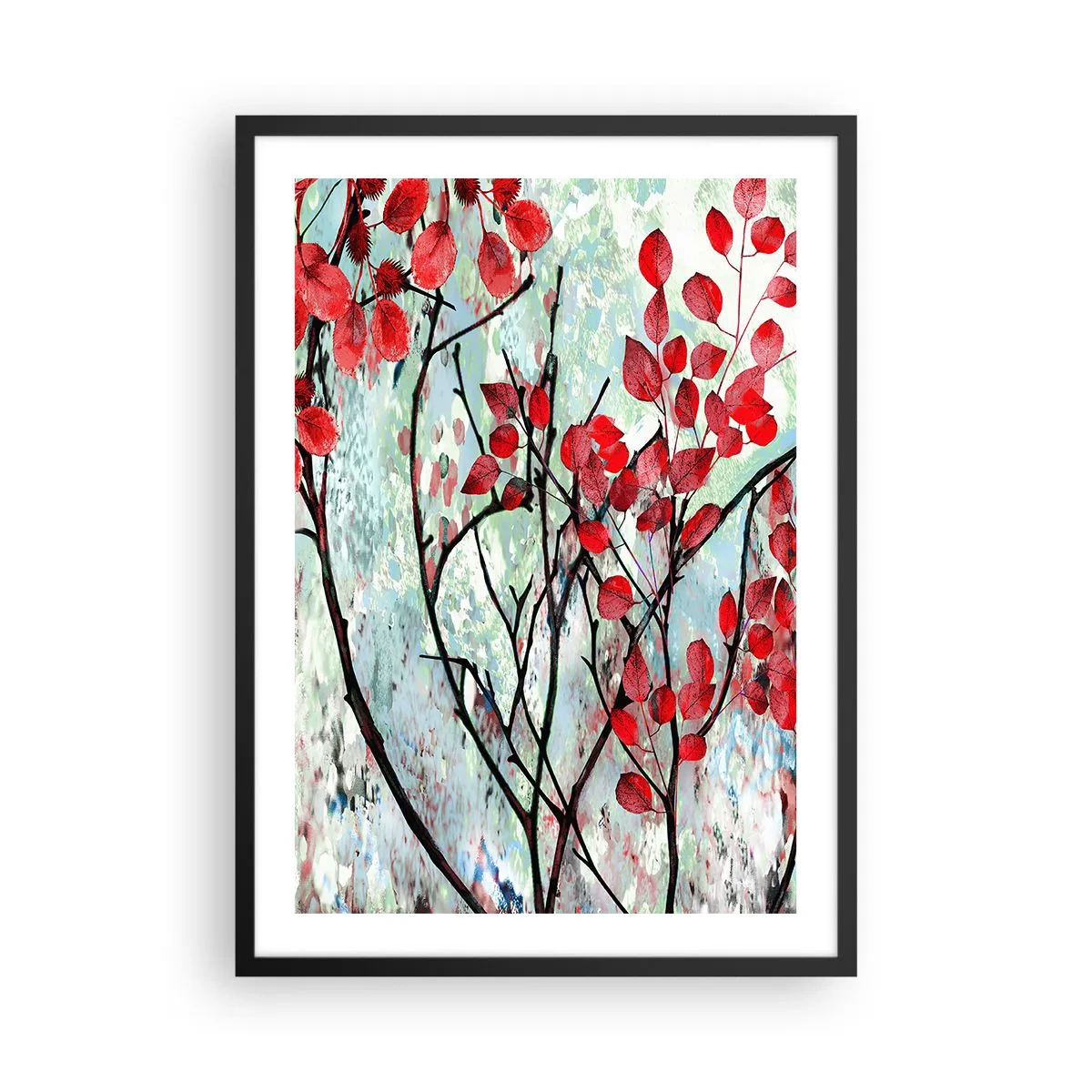 Plakat w czarnej ramie - Czerwone liście na tle abstrakcyjnej tekstury - 50x70cm - Drzewo w szkarłacie - Nowoczesna dekoracja ścienna do salonu i sypialni ARTTOR