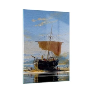 Obraz na szkle - Statek z żaglem przy brzegu w malarskim stylu - 50x70cm - Woda, ziemia, powietrze - Nowoczesna dekoracja ścienna do salonu, kuchni i sypialni ARTTOR