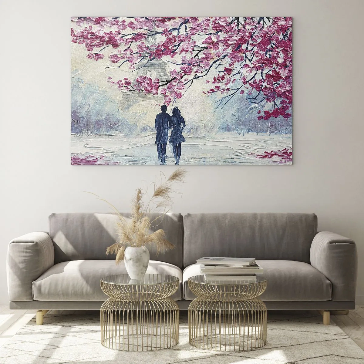 Obraz na szkle - Para spacerująca pod kwitnącymi drzewami - 70x50cm - Romantyczny spacer - Nowoczesna dekoracja ścienna do salonu i sypialni ARTTOR