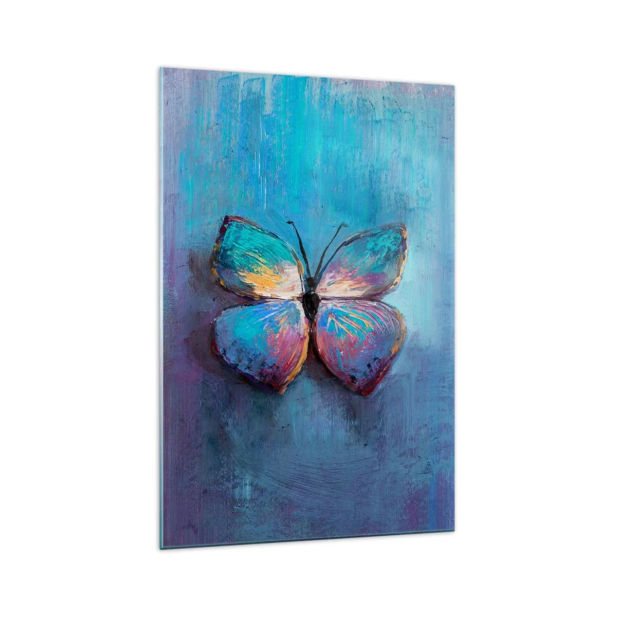 Obraz na szkle - Kolorowy motyl na niebieskim tle - 70x100cm - W pełnej krasie - Nowoczesna dekoracja ścienna do salonu i sypialni ARTTOR