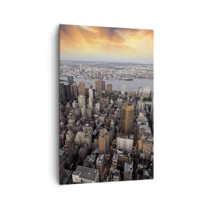 Obraz na płótnie - Widok na metropolię z zachodzącym słońcem - 80x120cm - Bijące serce naszych czasów - Nowoczesna dekoracja ścienna do salonu i sypialni ARTTOR