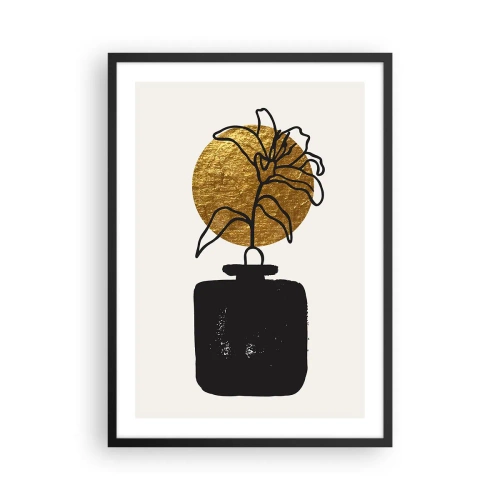 Plakat w czarnej ramie - Abstrakcyjna kompozycja z kwiatem i złotym kołem - 50x70cm - Piękno na wagę złota - Nowoczesna dekoracja ścienna do salonu i sypialni ARTTOR