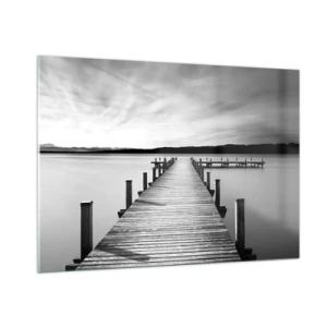 Obraz na szkle - Drewniany pomost prowadzący w dal po spokojnym jeziorze - 100x70cm - U wodopoju – spokoju - Nowoczesna dekoracja ścienna do salonu, kuchni i sypialni ARTTOR