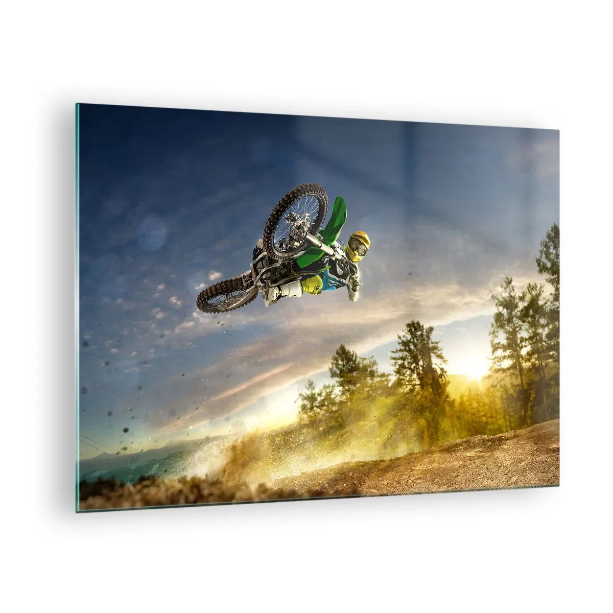 Obraz na szkle - Motocyklista w akcji na tle zachodzącego słońca - 70x50cm - Włącz emocje! - Nowoczesna dekoracja ścienna do salonu i sypialni ARTTOR