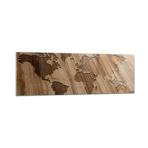 Obraz na szkle - Mapa świata wycięta na drewnianej powierzchni - 160x50cm - Świat podany na stole - Nowoczesna dekoracja ścienna do salonu i sypialni ARTTOR