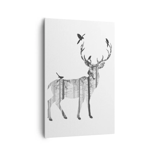 Obraz na płótnie - Sylwetka jelenia z lasem i ptakami - 80x120cm - Dobry duch lasu - Nowoczesna dekoracja ścienna do salonu i sypialni ARTTOR