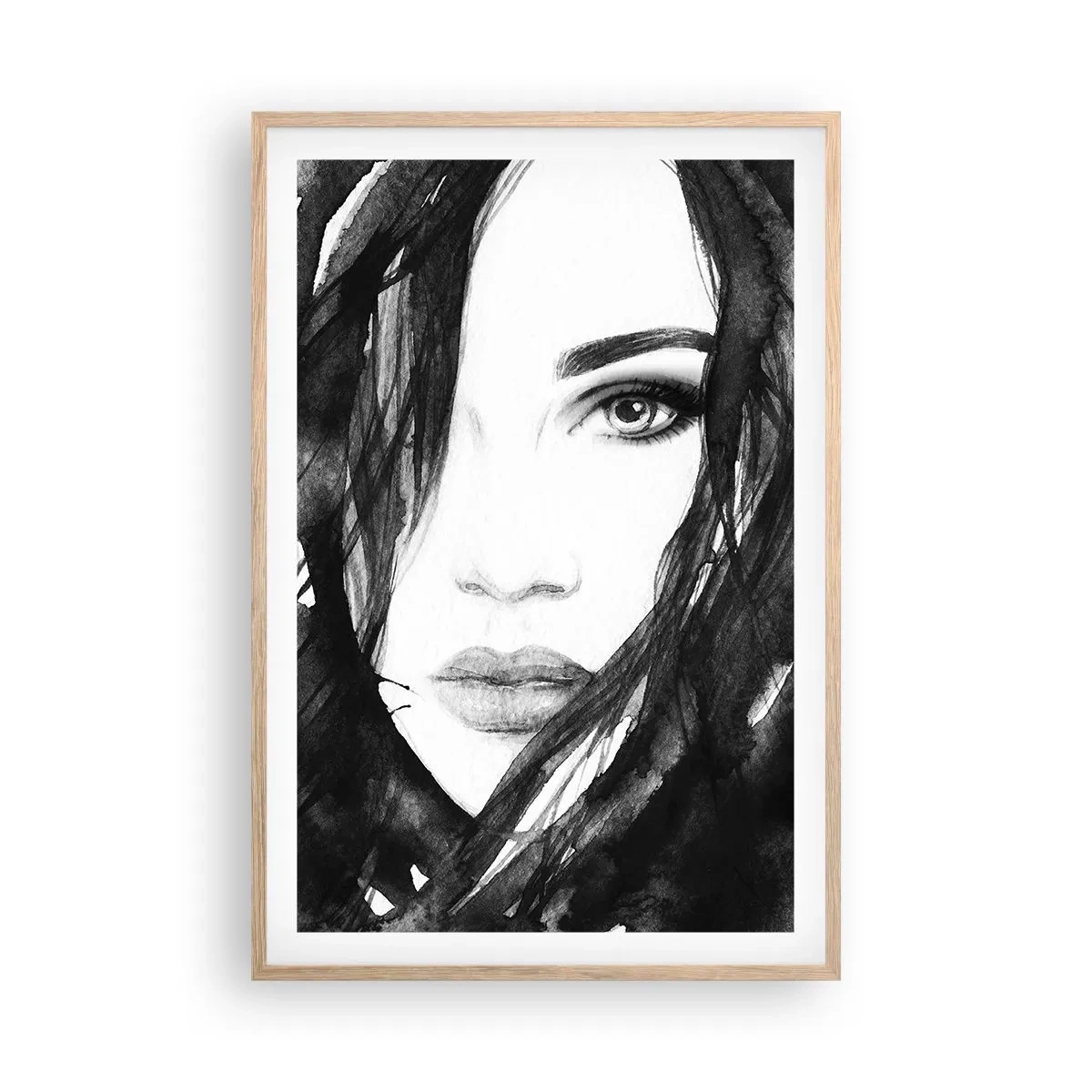Plakat w ramie jasny dąb - Portret damy w czerni i bieli - 61x91 cm