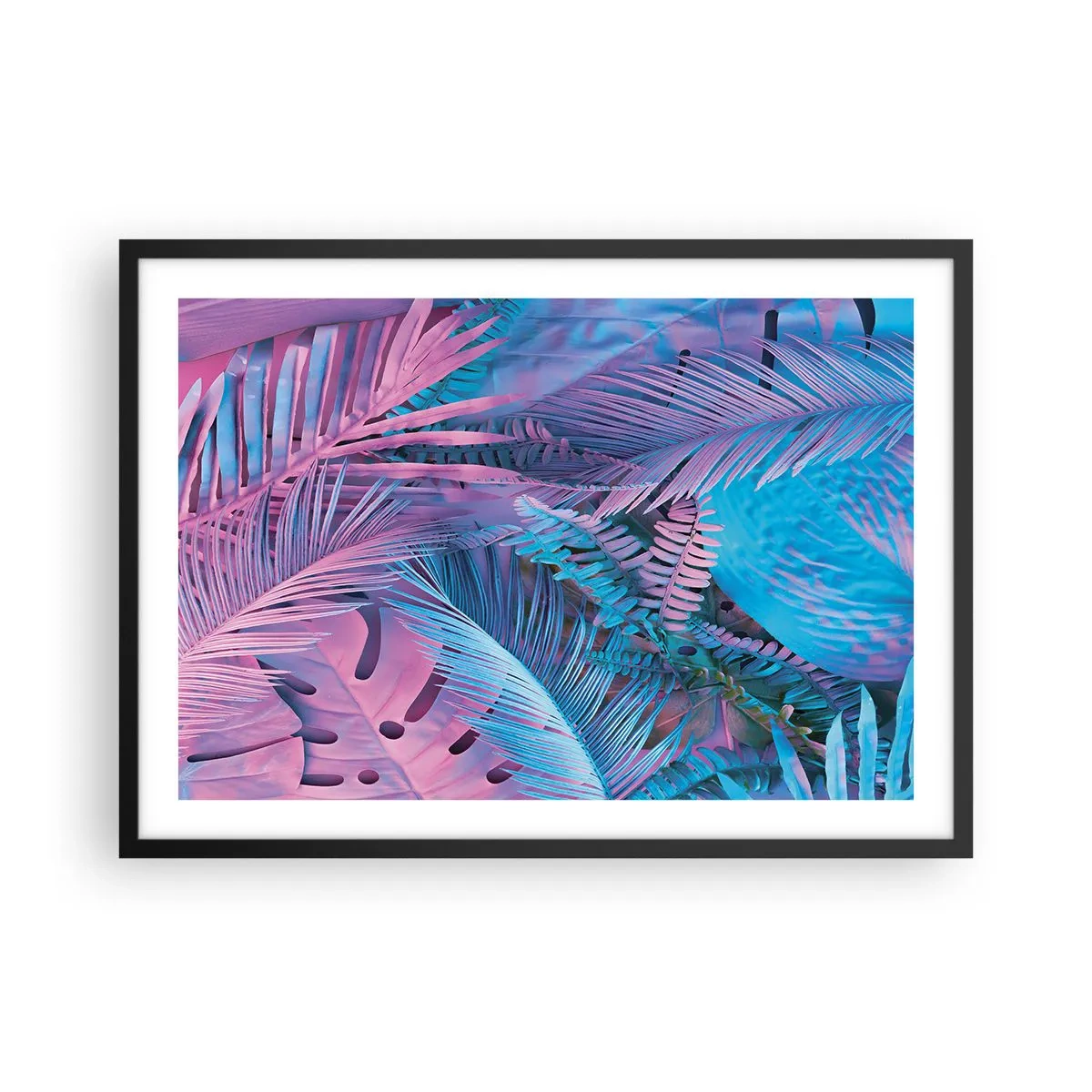Plakat w czarnej ramie - Tropikalne liście w odcieniach różu i błękitu - 70x50cm - Tropiki w różu i błękicie - Nowoczesna dekoracja ścienna do salonu i sypialni ARTTOR