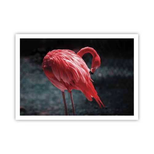 Plakat - Różowy flaming na tle ciemnej zieleni - 100x70cm - Karmazynowy poemat natury - Nowoczesna dekoracja ścienna do salonu i sypialni ARTTOR