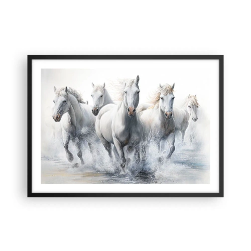 Plakat w czarnej ramie - Białe konie galopujące przez wodę - 70x50cm - Biała magia - Nowoczesna dekoracja ścienna do salonu i sypialni ARTTOR