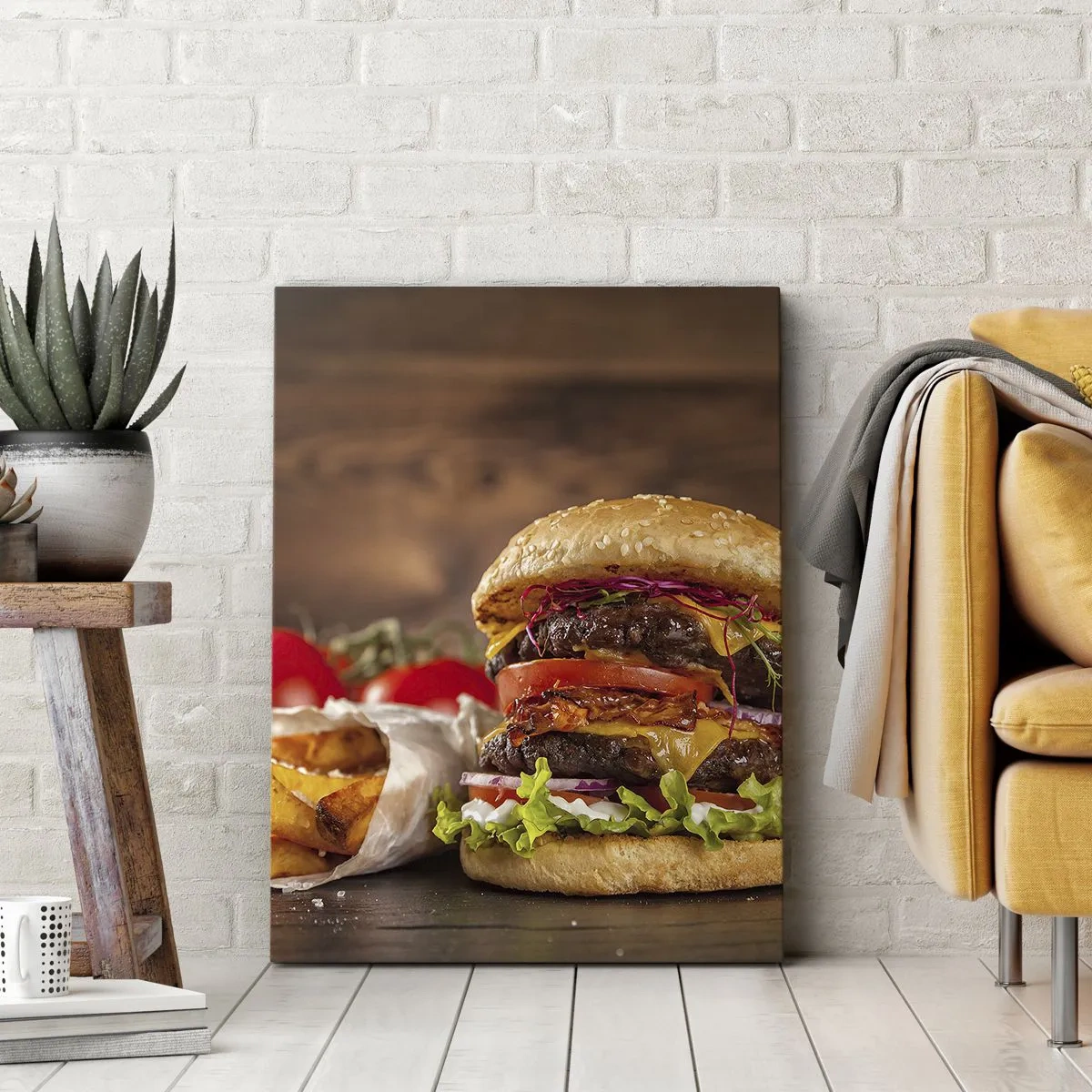 Obraz na płótnie - Soczysty burger z warzywami i serem podany z frytkami - 50x70cm - Zakazany owoc - Nowoczesna dekoracja ścienna do salonu, kuchni i sypialni ARTTOR