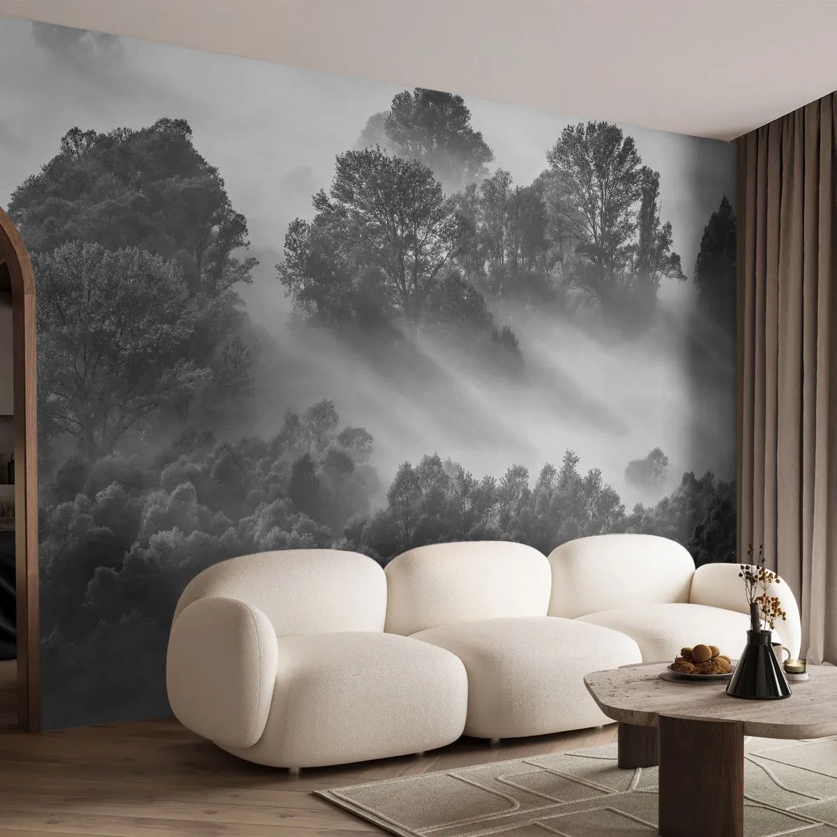 Fototapeta Premium Sand - Czarno-biały las spowity mgłą z promieniami światła - 100x70cm - Wstający ze snu - Nowoczesna dekoracja ścienna do salonu, kuchni i sypialni ARTTOR