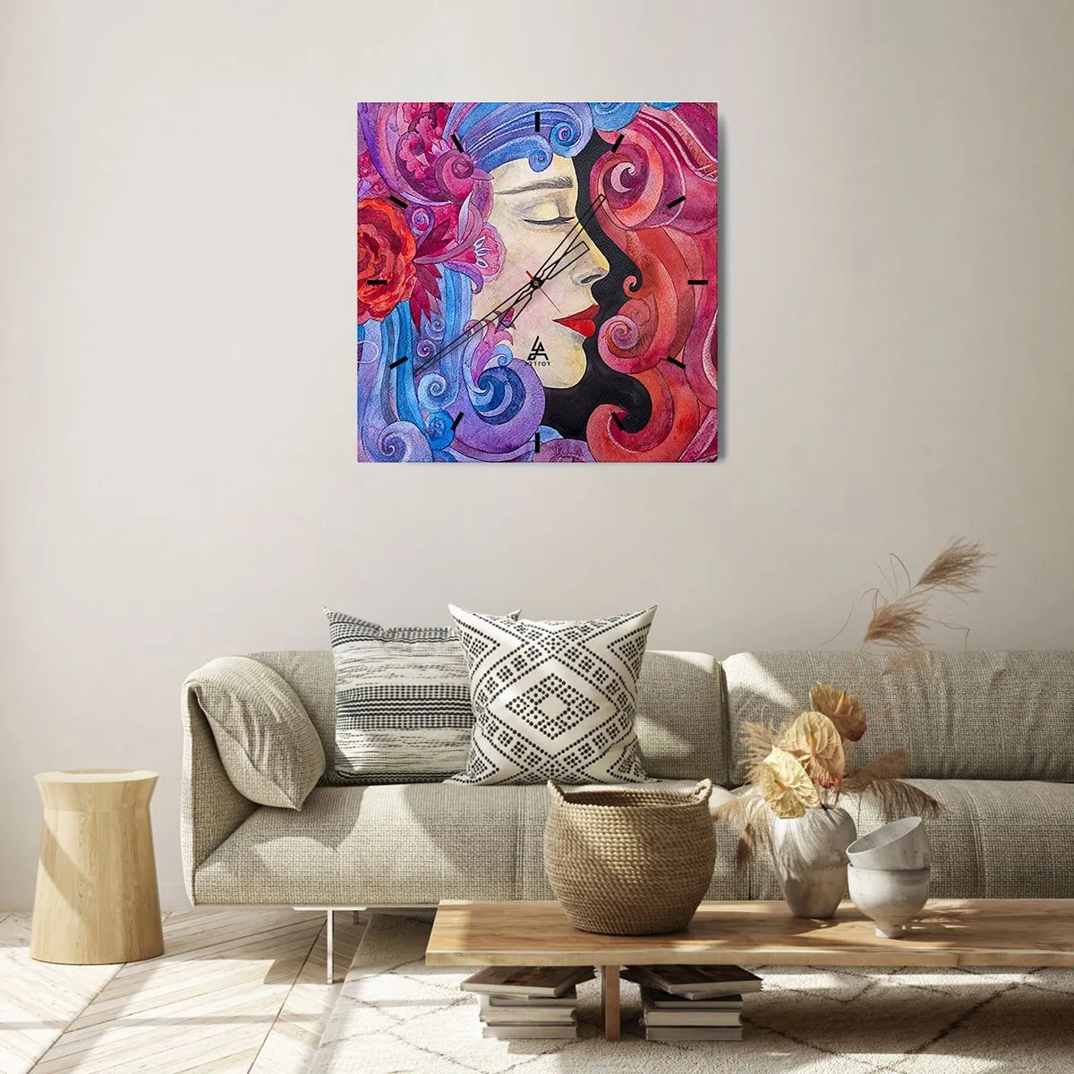 Zegar ścienny - Kolorowy profil kobiety w artystycznym stylu - 30x30cm - Secesja wciąż żywa - Nowoczesna dekoracja ścienna do salonu i sypialni ARTTOR