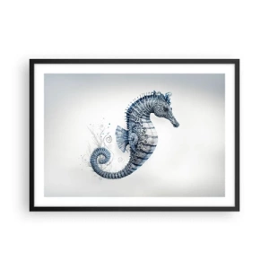 Plakat w czarnej ramie - Konik morski w odcieniach niebieskiego z detalami akwareli - 70x50cm - Subtelny żart natury - Nowoczesna dekoracja ścienna do salonu i sypialni ARTTOR
