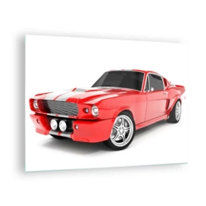 Obraz na szkle - Czerwony klasyczny samochód sportowy Mustang - 70x50cm - Mustang prędki jak wiatr - Nowoczesna dekoracja ścienna do salonu i sypialni ARTTOR