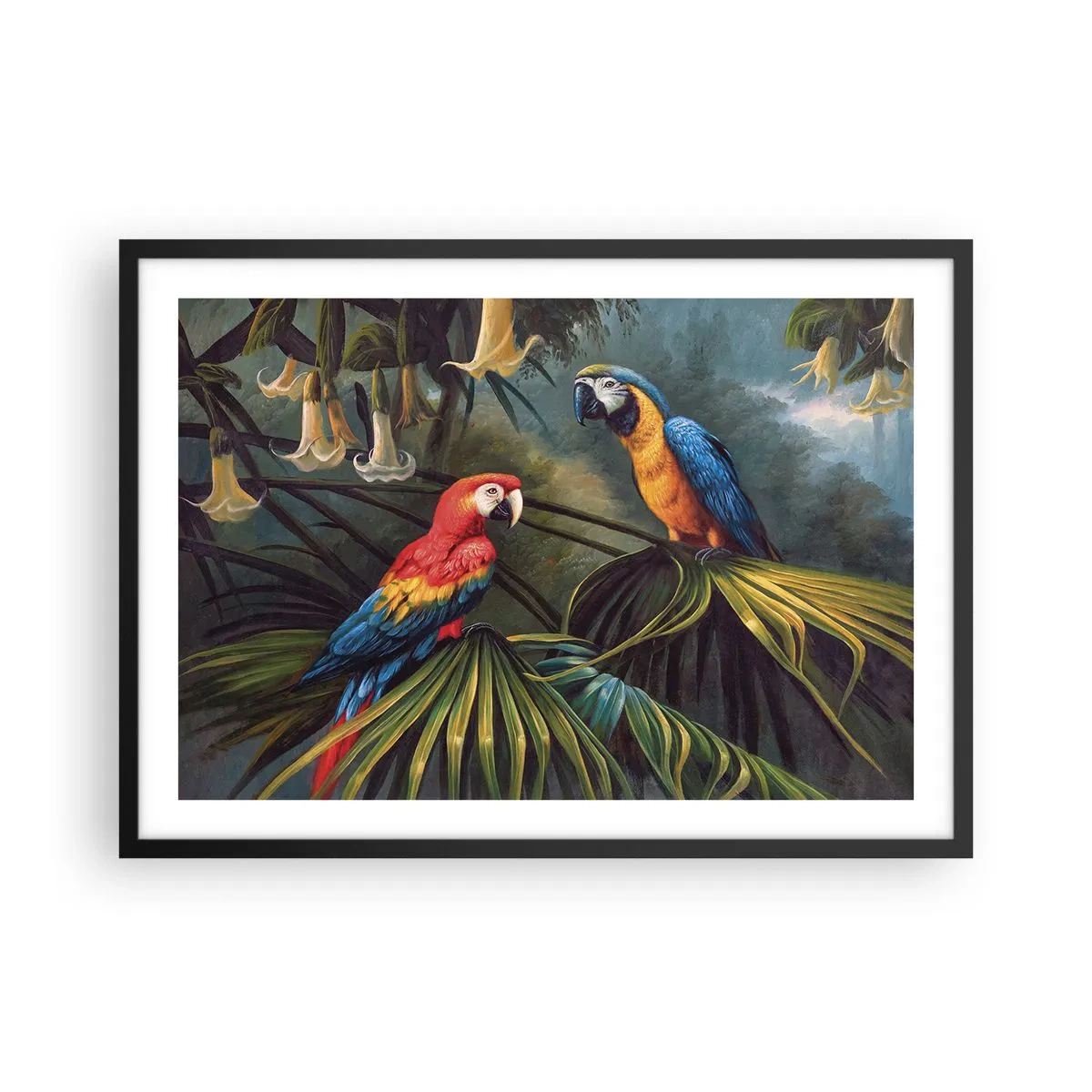 Plakat w czarnej ramie - Papugi w tropikalnym lesie na tle egzotycznych kwiatów - 70x50cm - Romantyzm w tropikach - Nowoczesna dekoracja ścienna do salonu i sypialni ARTTOR