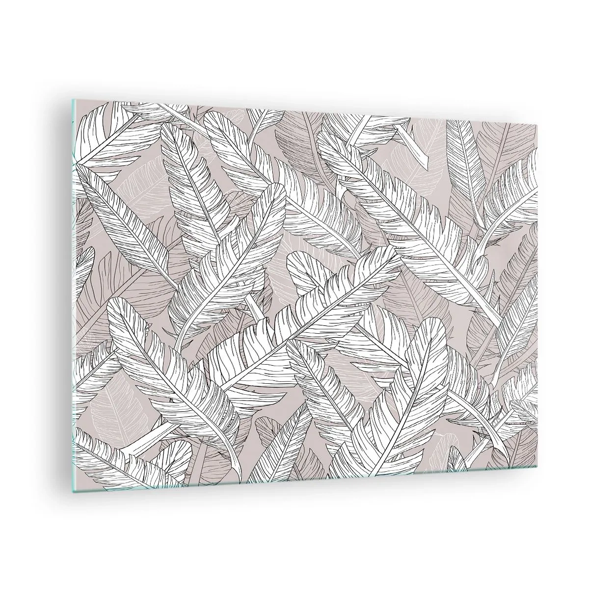 Obraz na szkle - Czarno-białe liście na beżowym tle w stylu graficznym - 70x50cm - Pierzasta zawierucha - Nowoczesna dekoracja ścienna do salonu i sypialni ARTTOR