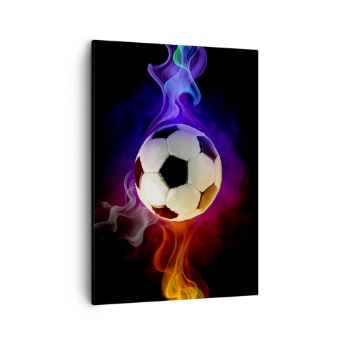 Obraz na płótnie - Piłka nożna otoczona kolorowym dymem na ciemnym tle - 50x70cm - Magiczna moc gry - Nowoczesna dekoracja ścienna do salonu, kuchni i sypialni ARTTOR